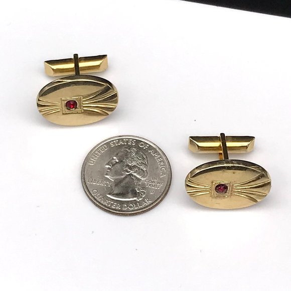 Vintage Oval Cuff Links, Dapper Gold Tone with Red Accent Crystal, Gift for Him - Picture 5 of 5